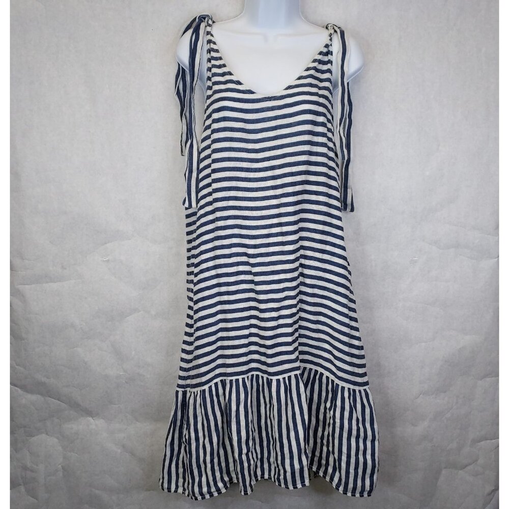 Francesca Bettini Linen Shift Sun Dress Women's L Blue White Stripe Tie Shoulder